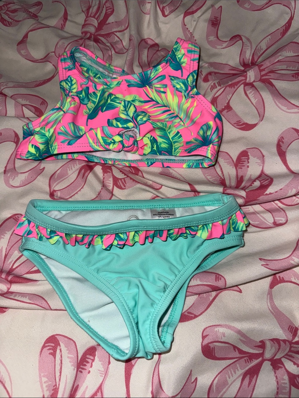 Girls' Two-Piece Tropical Swim Set - Pink & Aqua